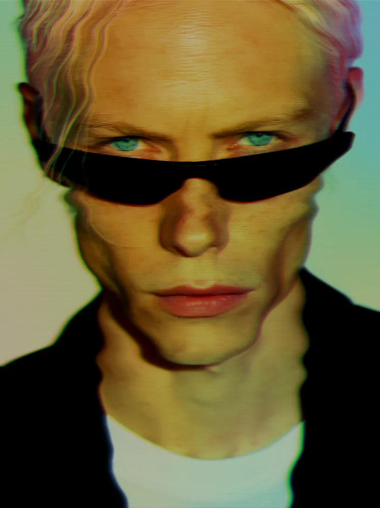Holographic Effect on a photo of a man with pink hair and black sunglasses