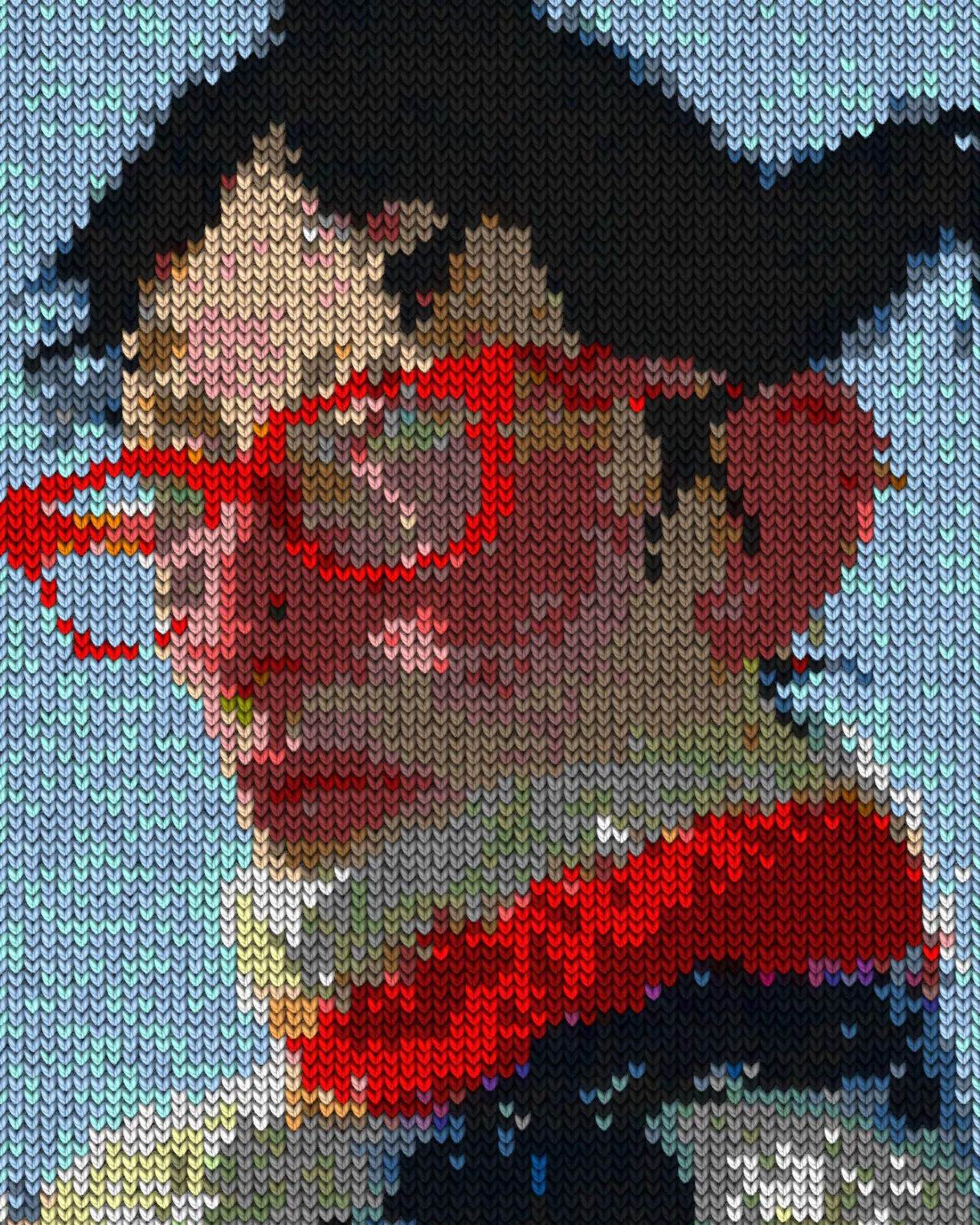 Knitted version of a portrait: blue wool background, black hair, red glasses and a red scarf band rendered as rows of V-shaped stitches.