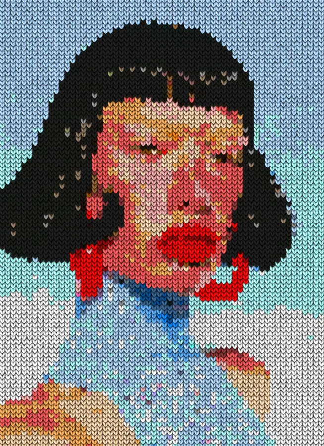 Knit Effect on a photo of a woman with a black bob and red earrings