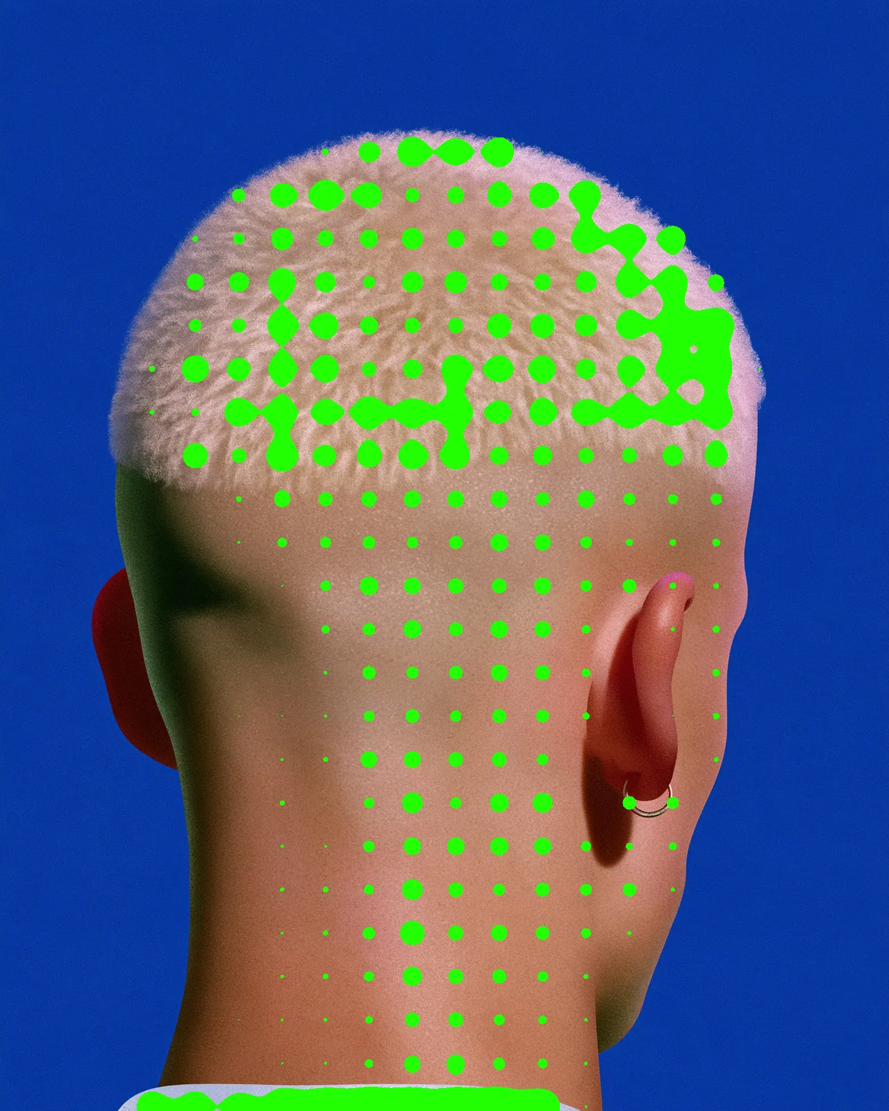 The same portrait covered in a grid of bright green dots that swell and merge into blobby clusters over the light hair and skin.
