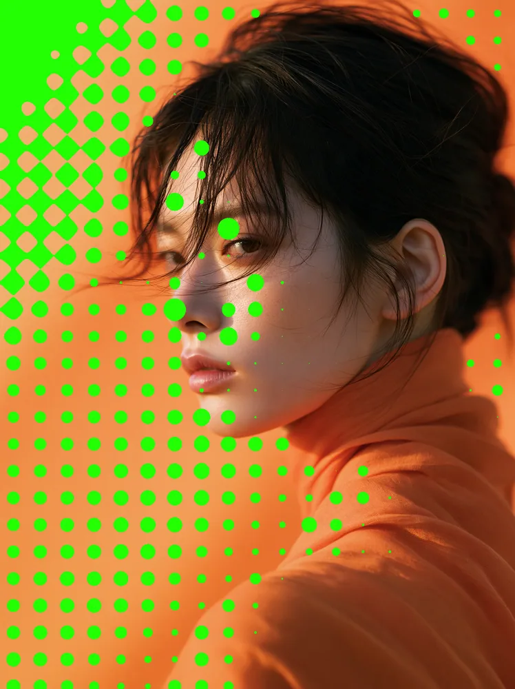 Metaball Effect on a photo of a woman in an orange turtleneck