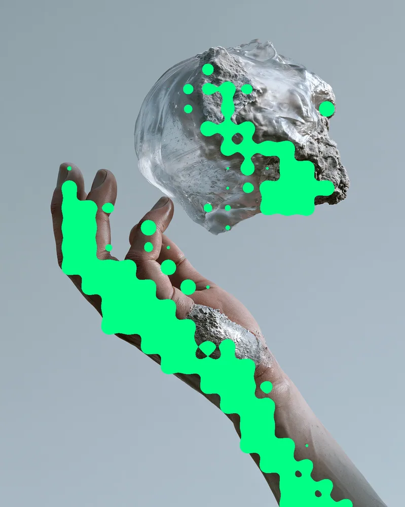 Metaball Effect on a photo of a hand holding a floating rock