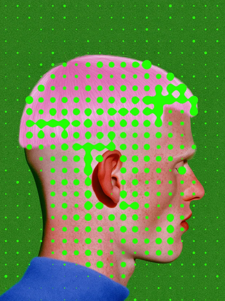 Metaball Effect on a photo of a man with pink hair on green