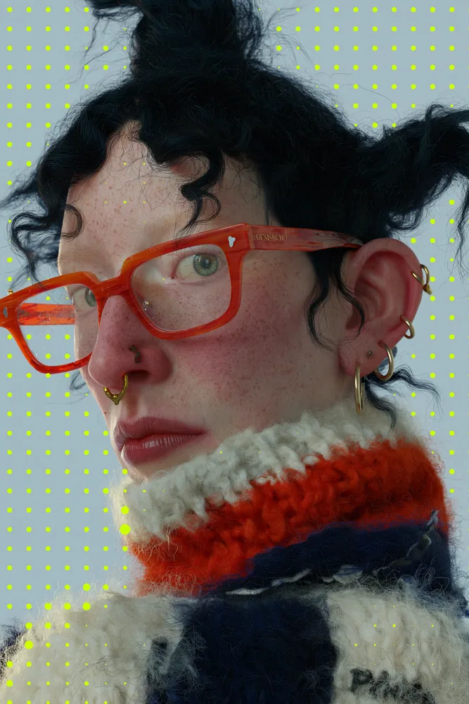 Metaball Effect on a photo of a woman in orange glasses and a knit collar