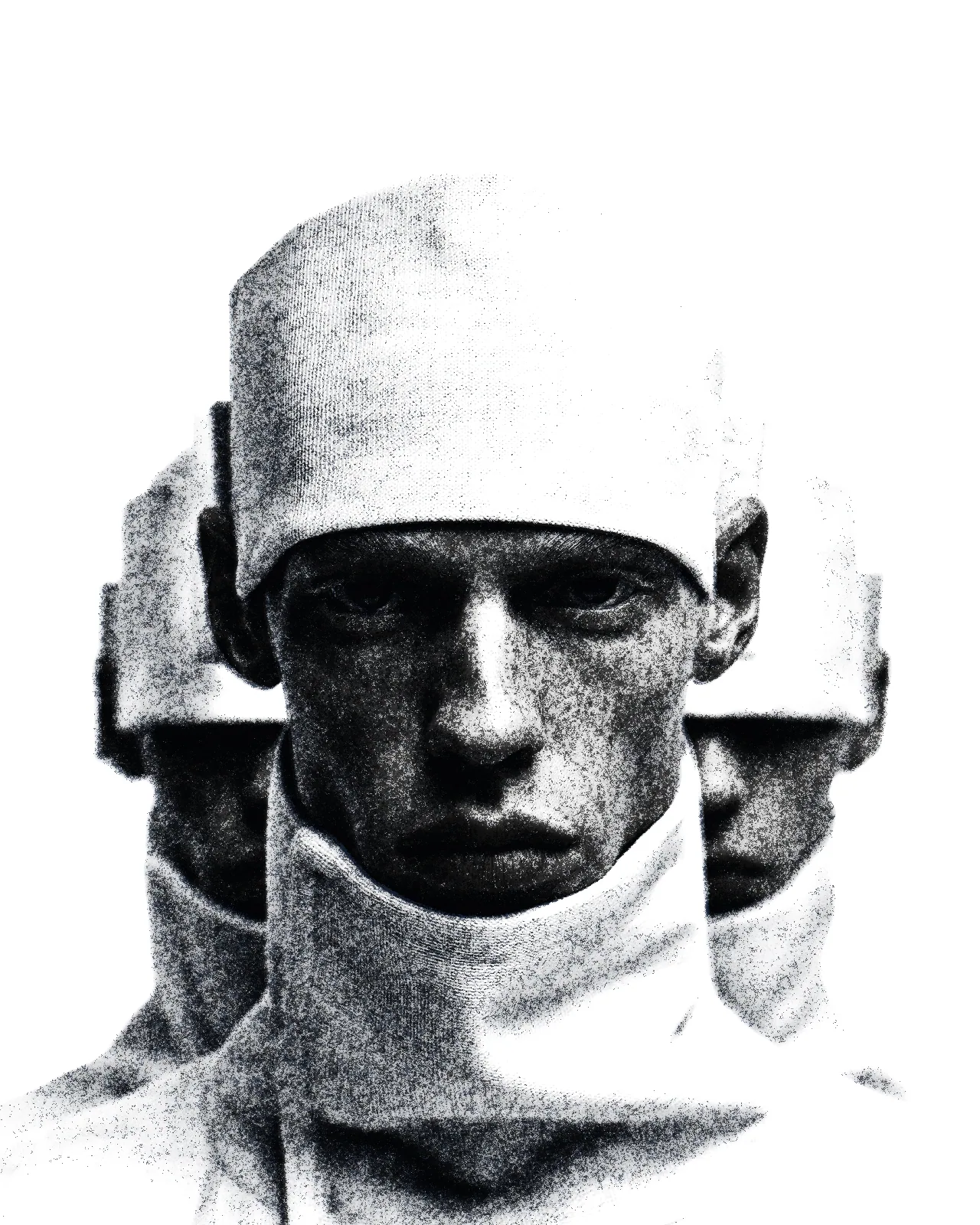 The same portrait printed in near-black ink on white, shadows in heavy grainy speckle, highlights blown to paper, the side copies fading into grain.