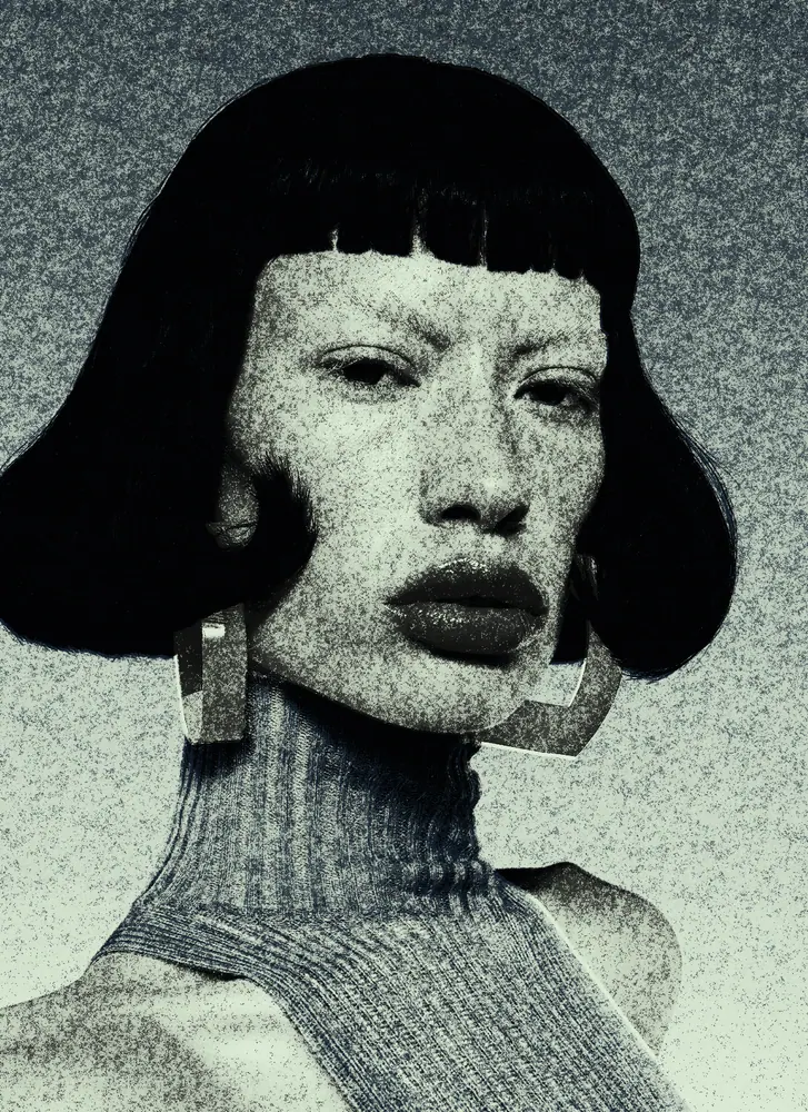 Newspaper Effect on a photo of a woman with a black bob and red earrings