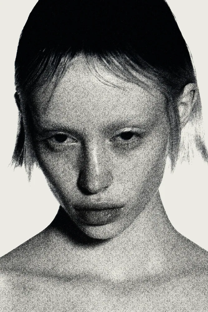 Newspaper Effect on a photo of a pale woman with a white bob