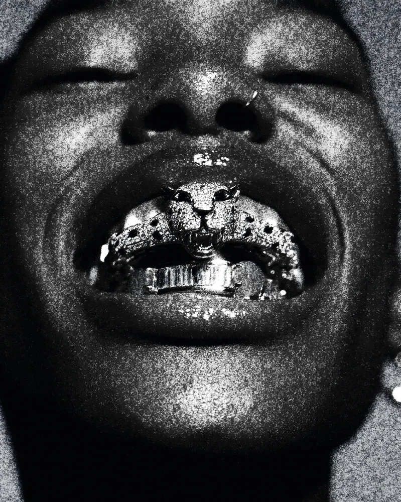 Newspaper Effect on a photo of a smile with gold grills