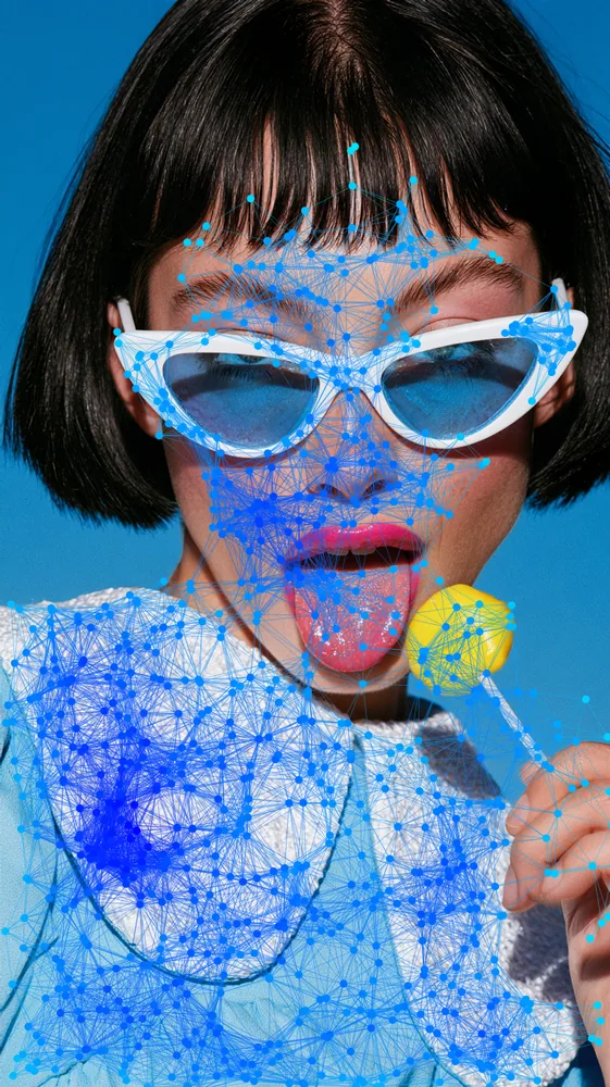 Plexus Effect on a photo of a woman in white cat-eye sunglasses