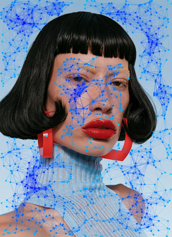 Plexus Effect on a photo of a woman with a black bob and red earrings
