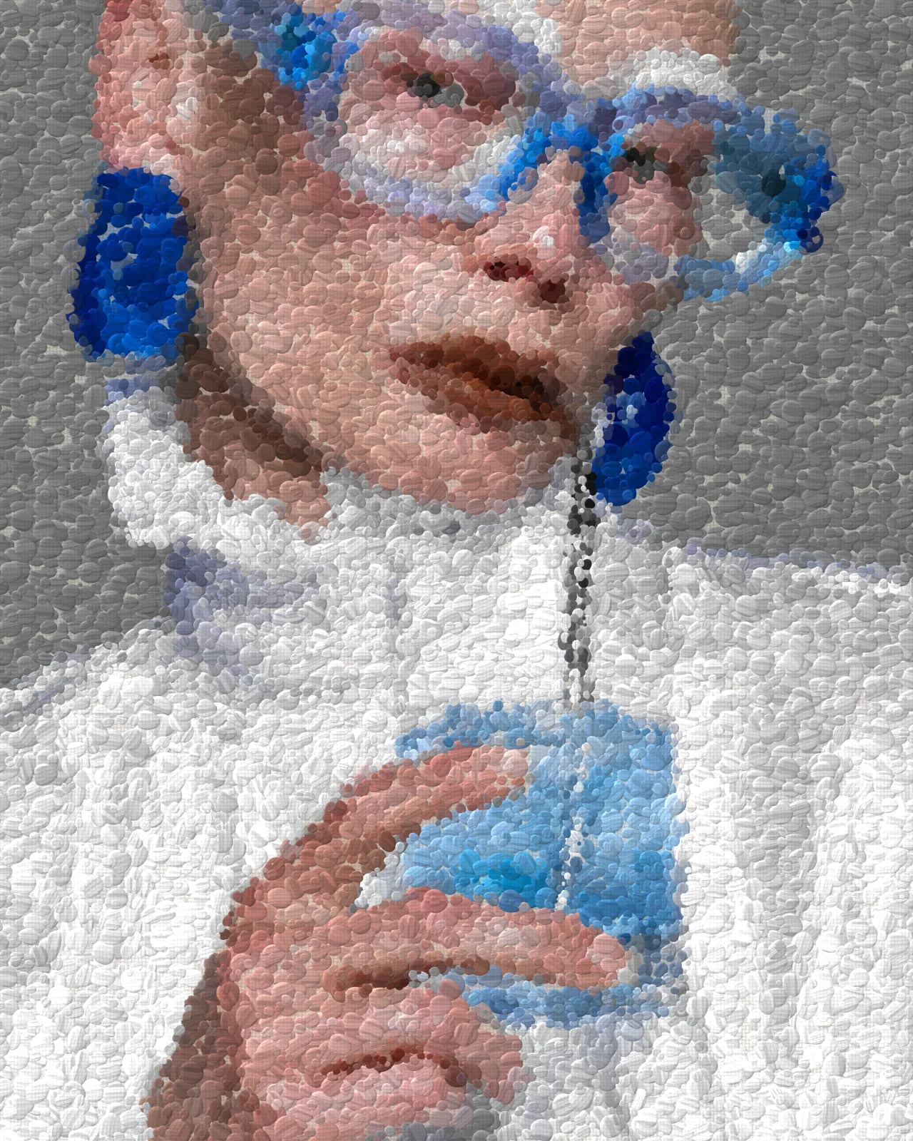 The same portrait repainted in dense dots of pink, blue, white and gray paint, with thick raised dabs and a pebbly gray backdrop.