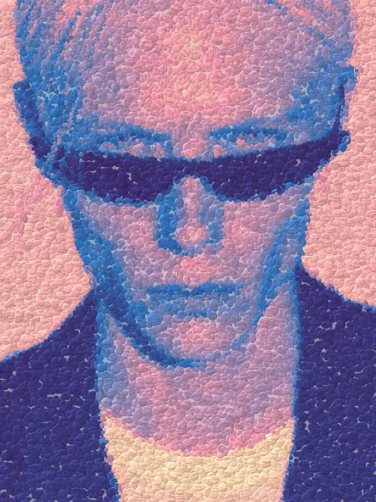 Pointillism Effect on a photo of a man with pink hair and black sunglasses