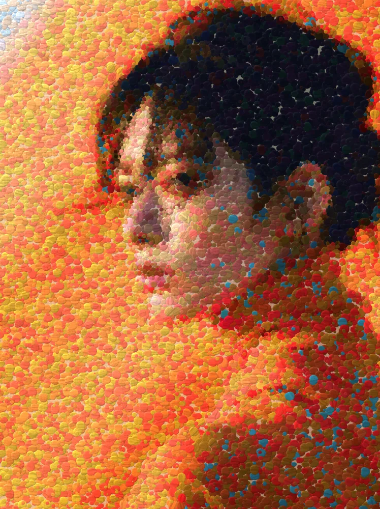 Pointillism Effect on a photo of a woman in an orange turtleneck