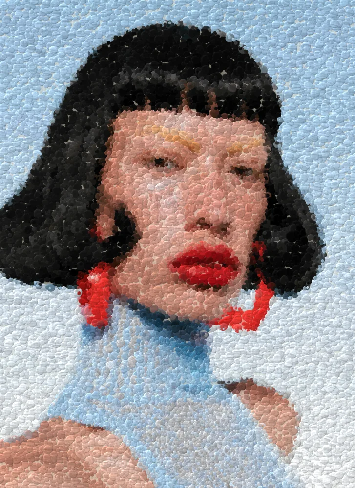 Pointillism Effect on a photo of a woman with a black bob and red earrings