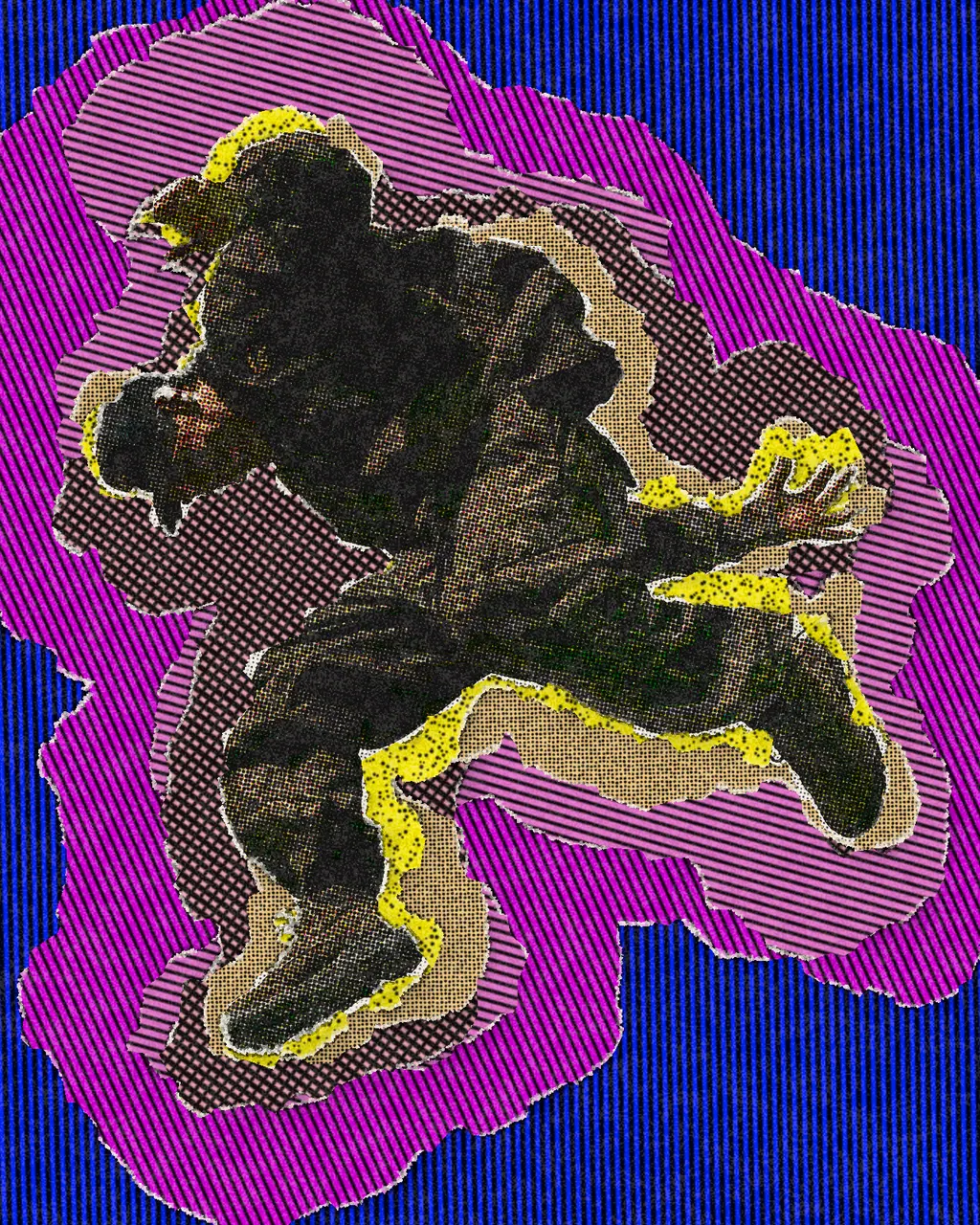 The leaping figure rebuilt as torn paper layers: a halftone black figure over yellow, tan and striped magenta sheets on a lined blue ground.