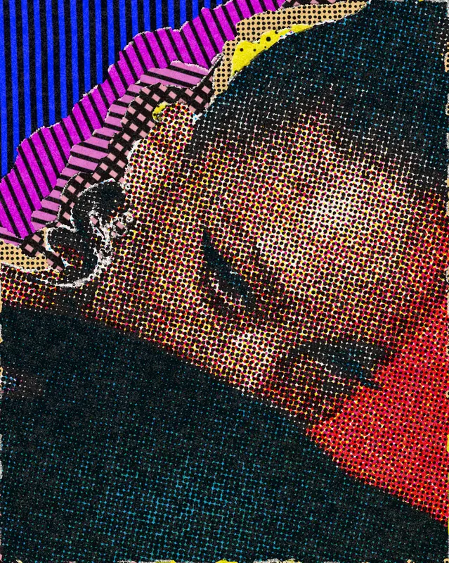 Pop Art Effect on a photo of a woman with a silver earring and winged liner