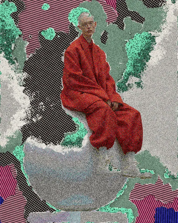 Pop Art Effect on a photo of a man in red sitting on a white sphere