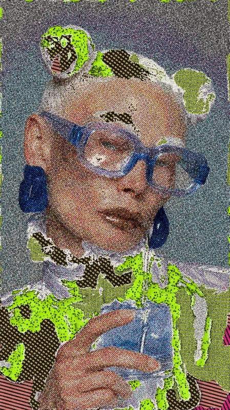 Pop Art Effect on a photo of a woman in blue glasses
