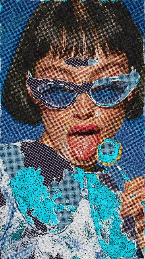 Pop Art Effect on a photo of a woman in white cat-eye sunglasses