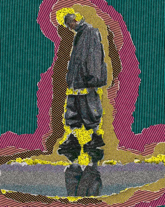 Pop Art Effect on a photo of a man in gray standing on a mirror puddle