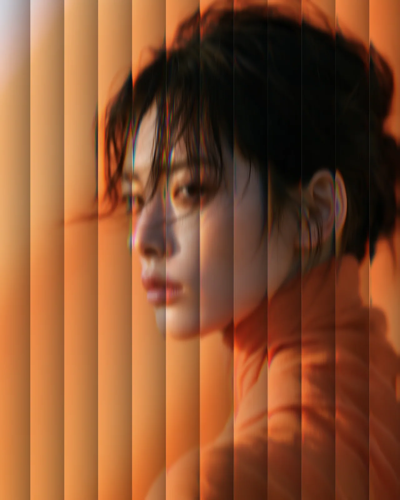 The same portrait seen through vertical glass ribs, split into blurred strips with shifted edges and faint rainbow fringes.