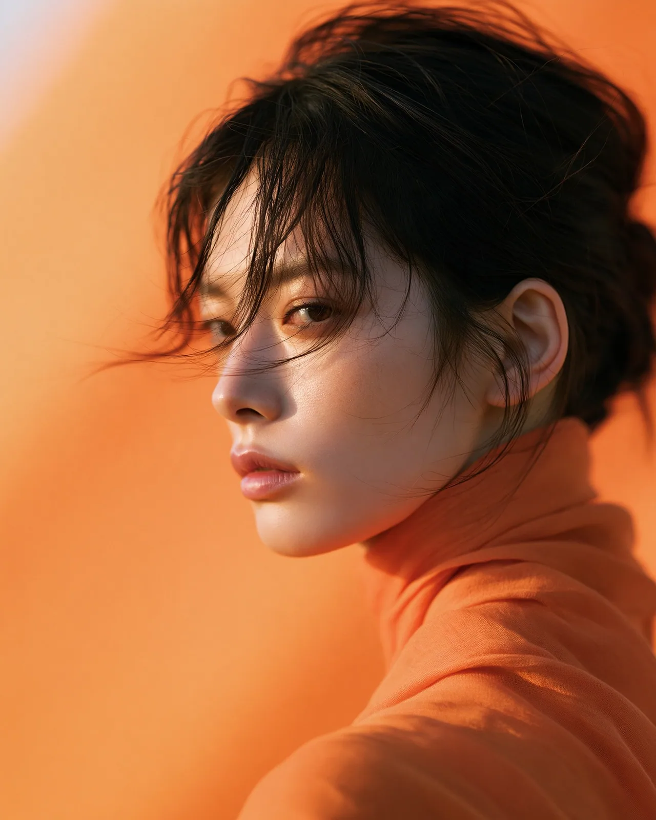 Portrait of a woman with dark tousled hair and an orange turtleneck, looking over her shoulder against a soft orange background.