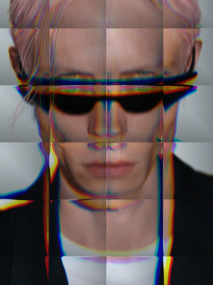 Reeded Glass Effect on a photo of a man with pink hair and black sunglasses