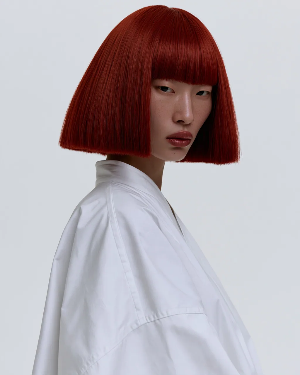 Studio portrait of a person with a straight dark red bob and bangs, wearing a white collared shirt, against a plain light gray background.