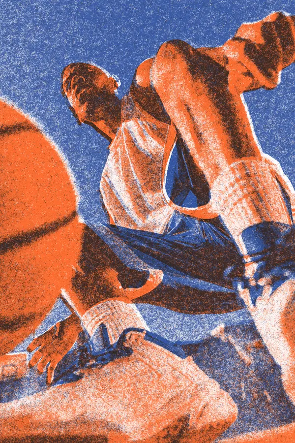 Risograph Effect on a photo of a basketball player mid-jump