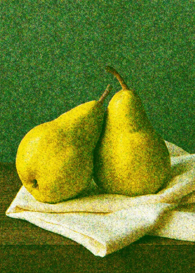 Risograph Effect on a photo of two pears on linen
