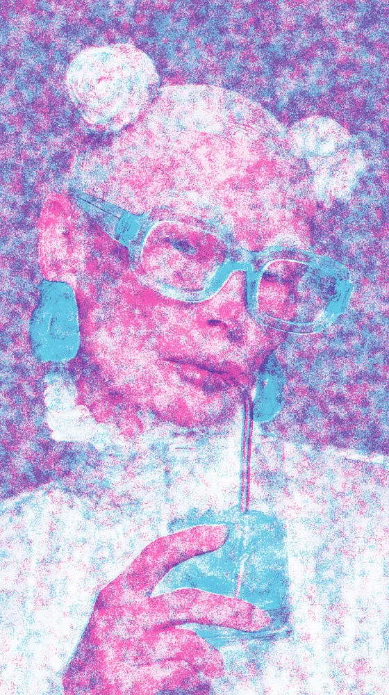 Risograph Effect on a photo of a woman in blue glasses