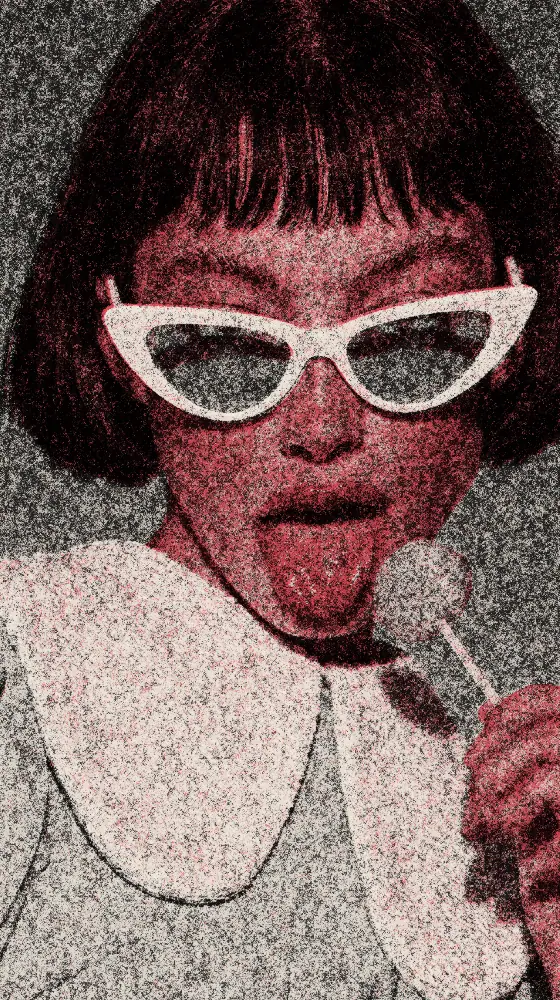 Risograph Effect on a photo of a woman in white cat-eye sunglasses