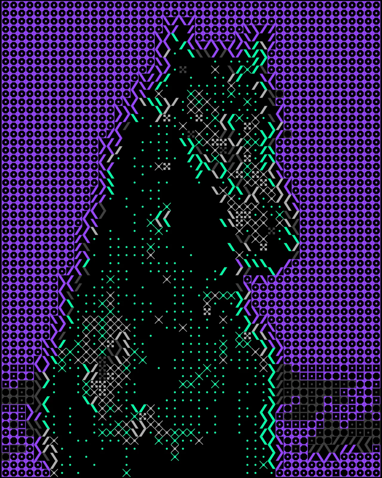 The same photo as a grid of purple ringed squares, with the dark horse shape filled by green dots, gray crosses and chevron outlines.