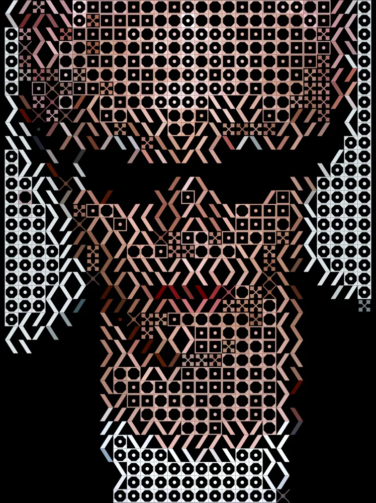 Shape Halftone Effect on a photo of a man with pink hair and black sunglasses