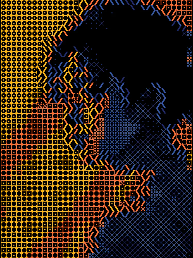 Shape Halftone Effect on a photo of a woman in an orange turtleneck