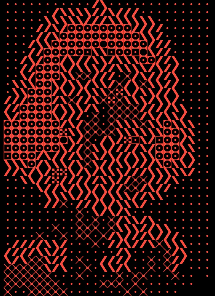 Shape Halftone Effect on a photo of a woman with a black bob and red earrings
