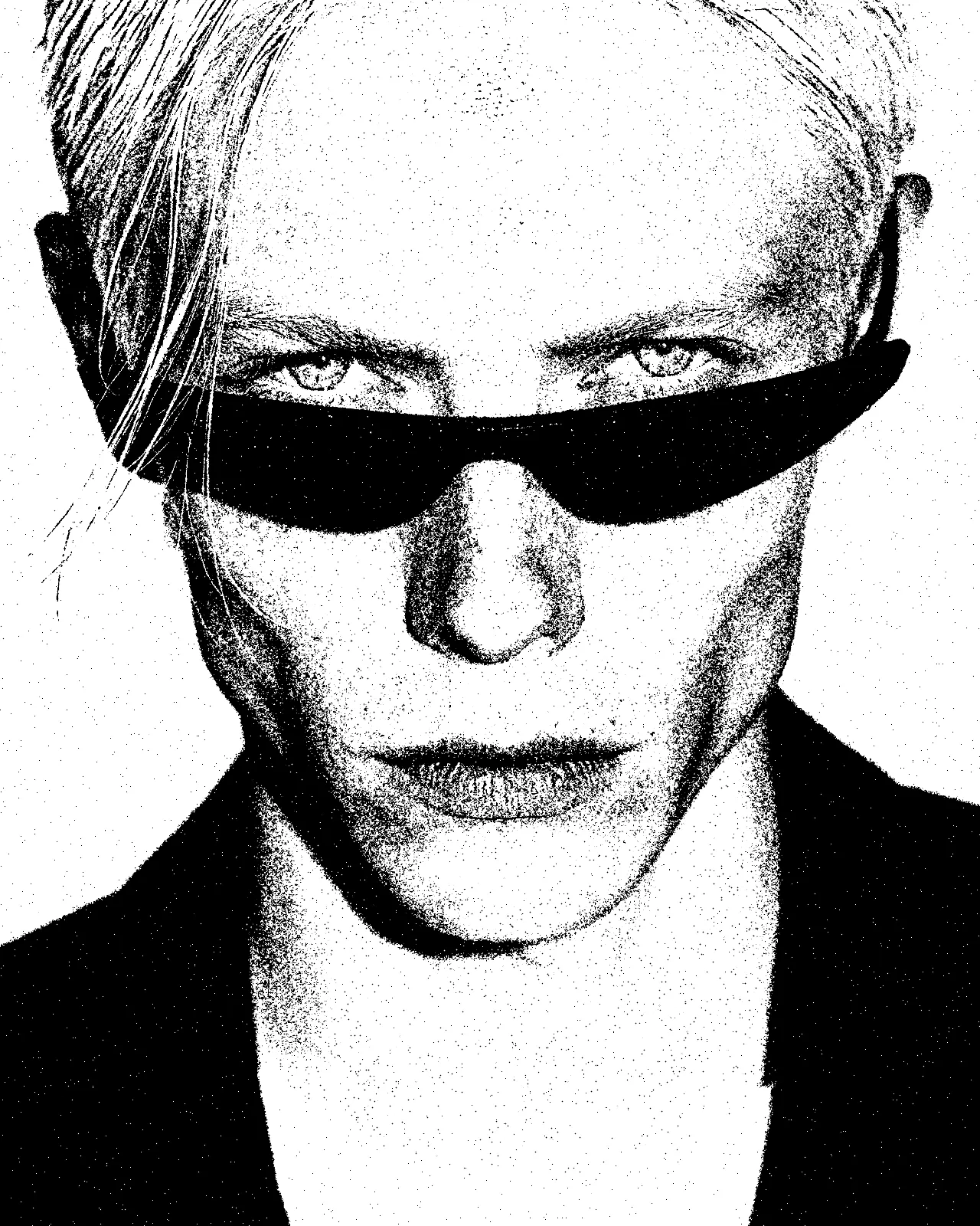 The same portrait cut into flat black ink on white, with grainy speckled shading on the face and solid black sunglasses and jacket.