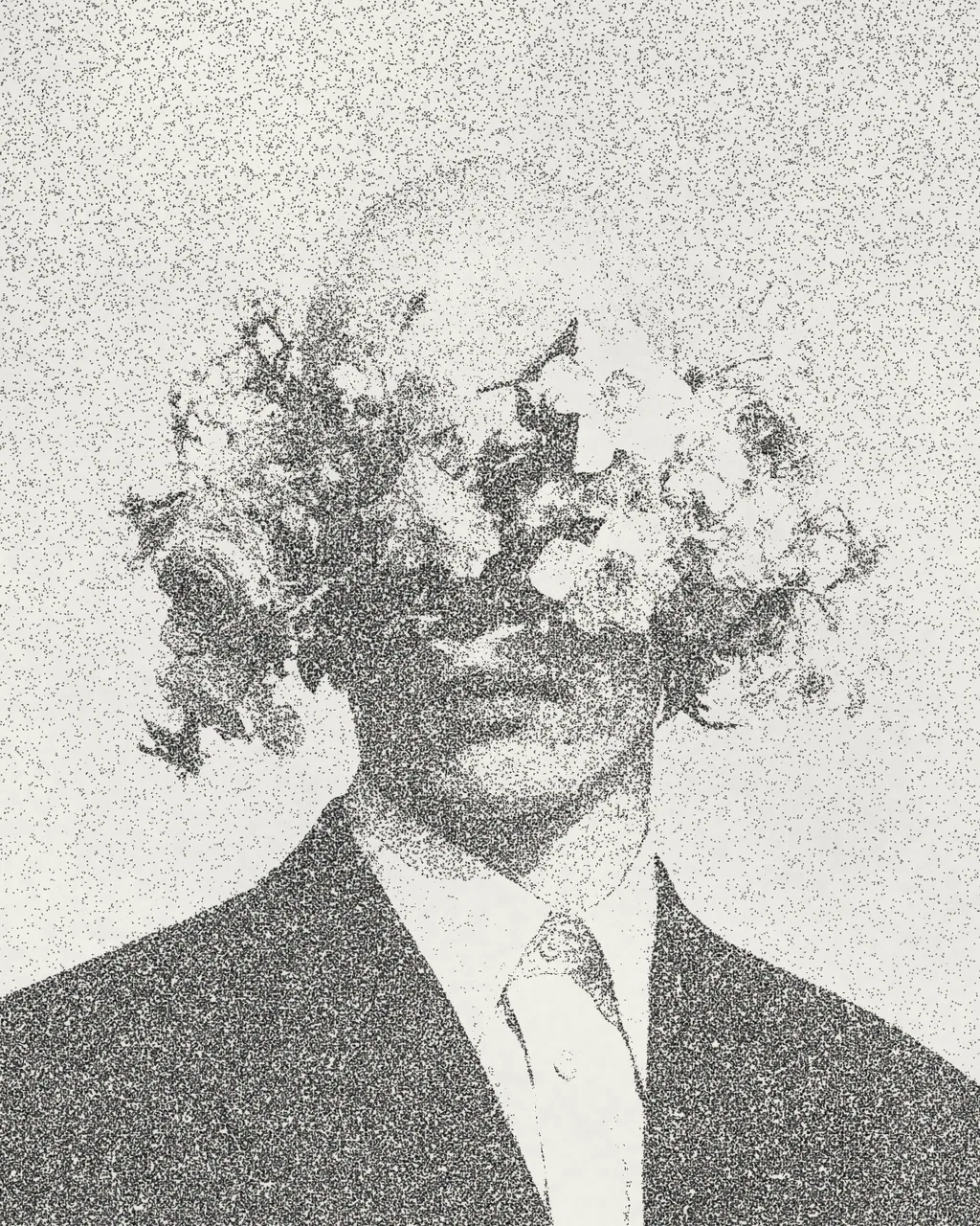 Stippled black ink print of a person in a suit with flowers covering the eyes, built from dense flecks on grainy off-white paper.