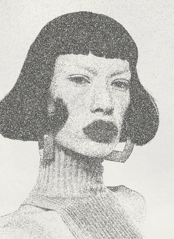 Stipple Effect on a photo of a woman with a black bob and red earrings