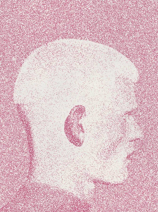 Stipple Effect on a photo of a man with pink hair on green