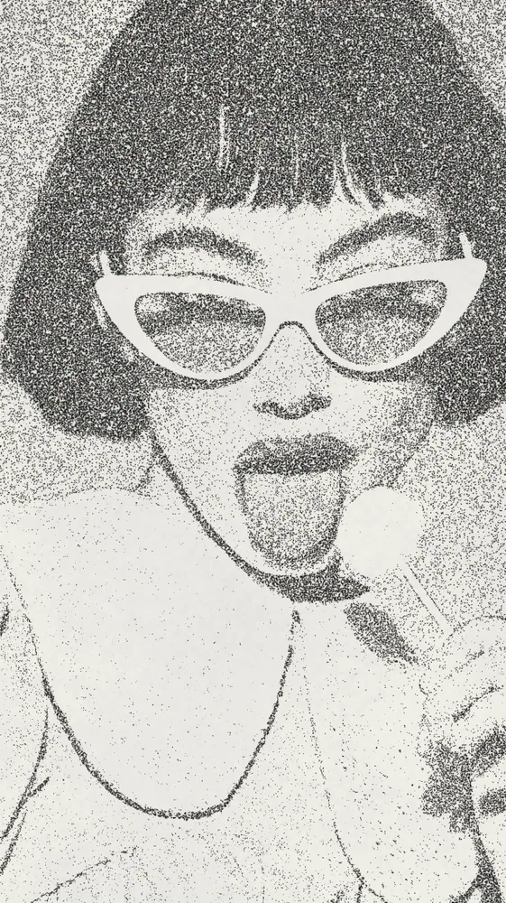 Stipple Effect on a photo of a woman in white cat-eye sunglasses