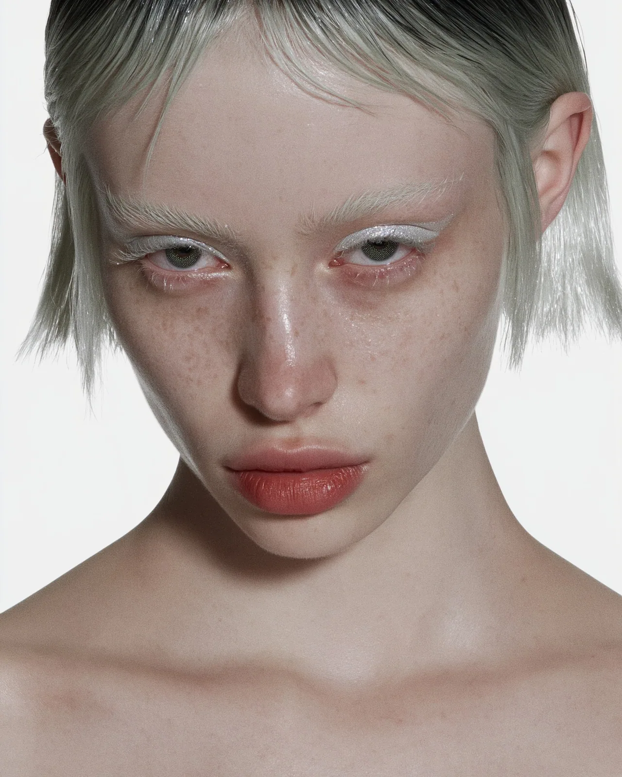 Close-up portrait of a person with pale blonde bob hair, white eyebrows, silver eyeshadow, freckles and coral lips on a white background.