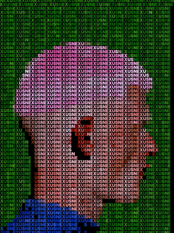 Text Portrait Effect on a photo of a man with pink hair on green