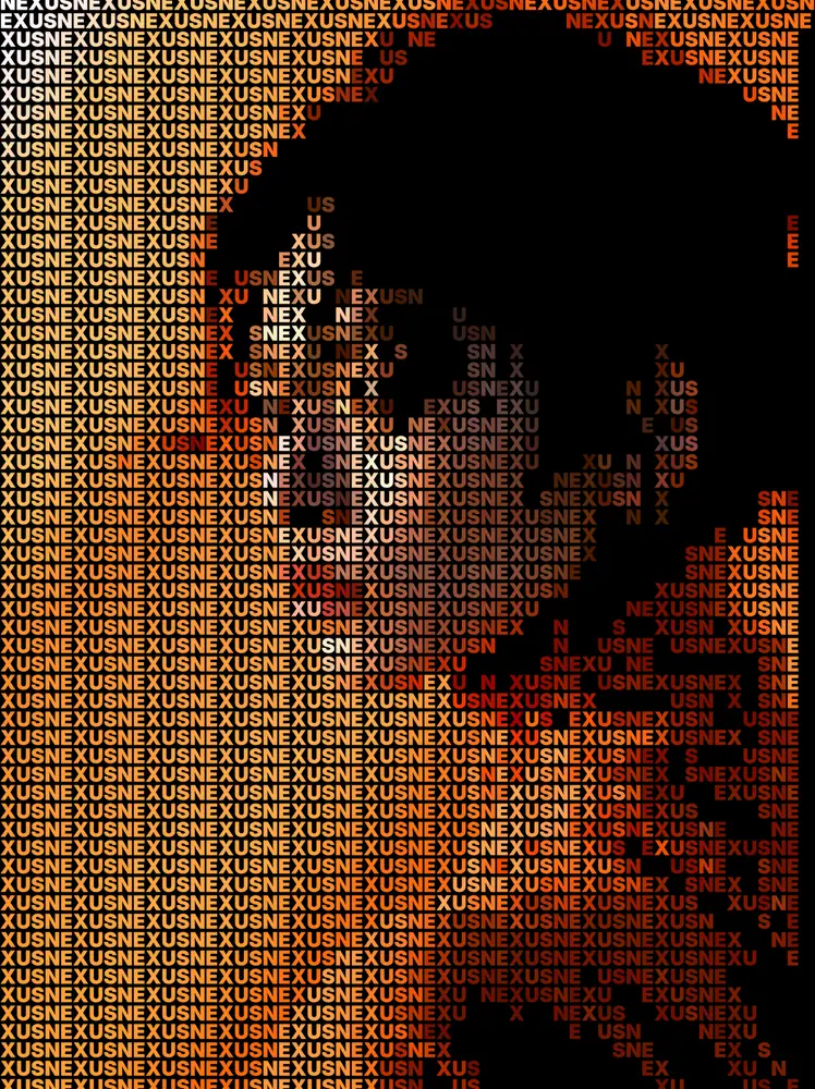Text Portrait Effect on a photo of a woman in an orange turtleneck