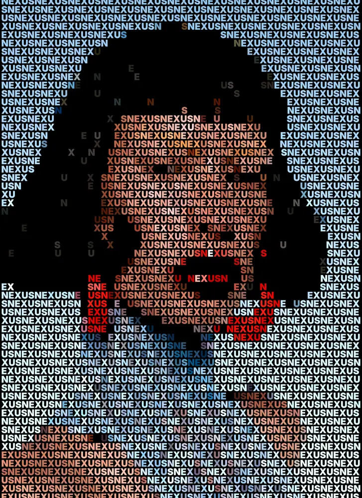 Text Portrait Effect on a photo of a woman with a black bob and red earrings