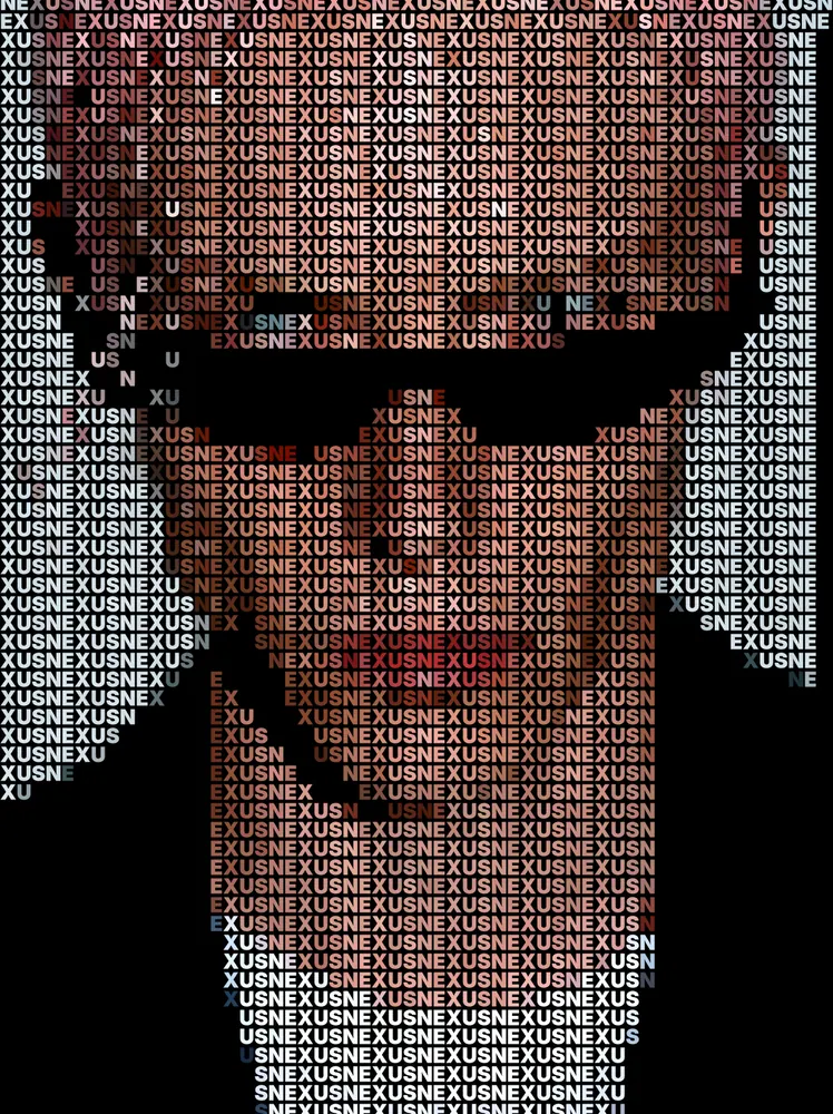 Text Portrait Effect on a photo of a man with pink hair and black sunglasses