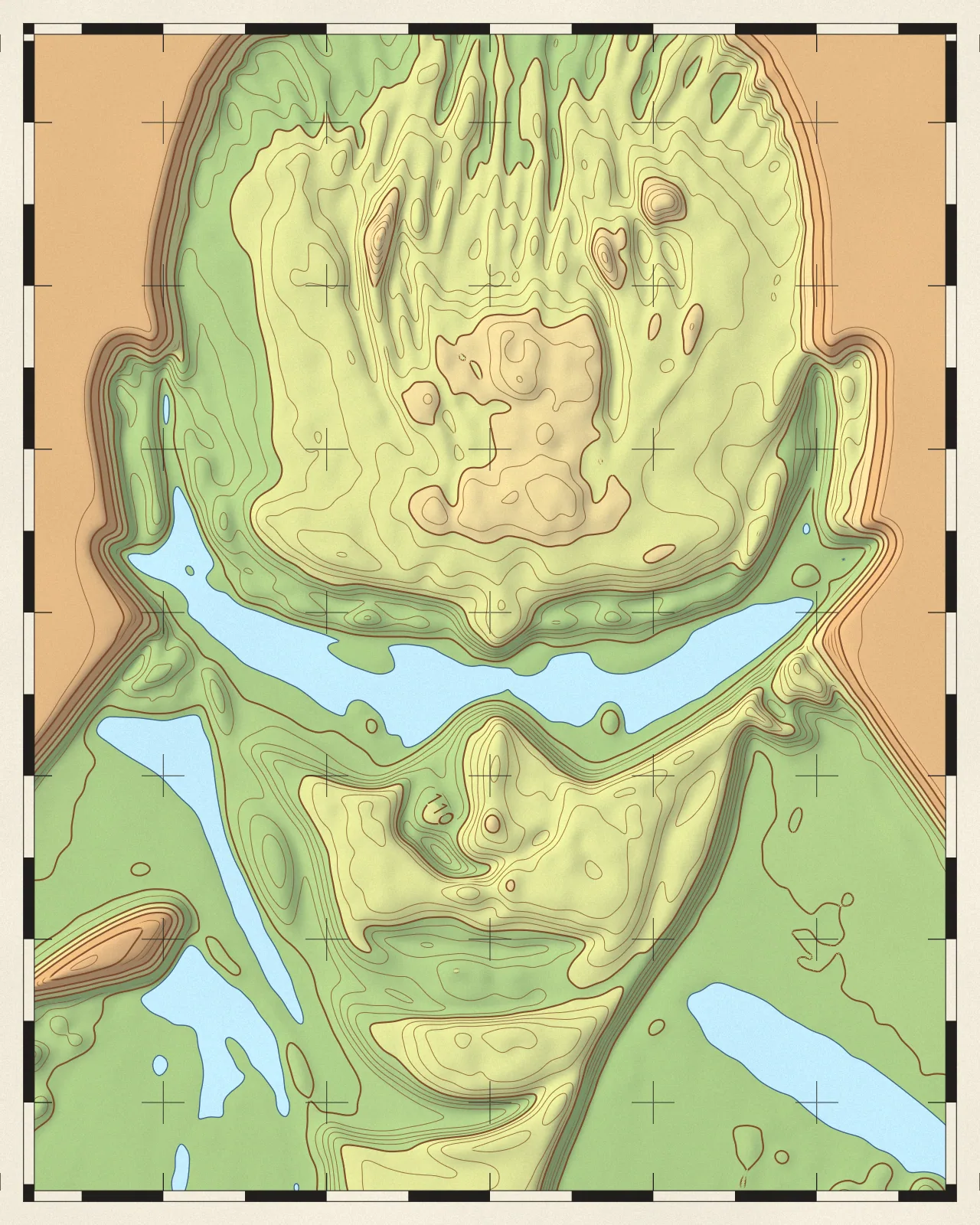 The portrait as a contour map: green and tan tints, brown contour lines, shaded relief, pale blue water and a black and white ticked frame.