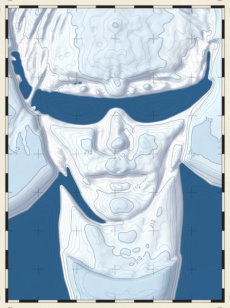 Topographic Map Effect on a photo of a man with pink hair and black sunglasses