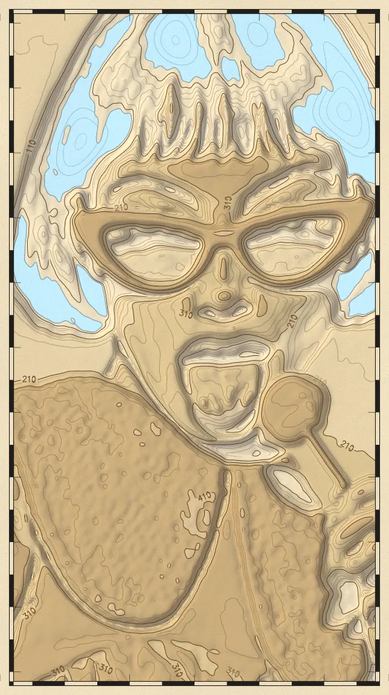 Topographic Map Effect on a photo of a woman in white cat-eye sunglasses