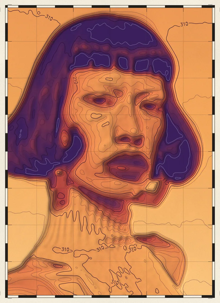 Topographic Map Effect on a photo of a woman with a black bob and red earrings